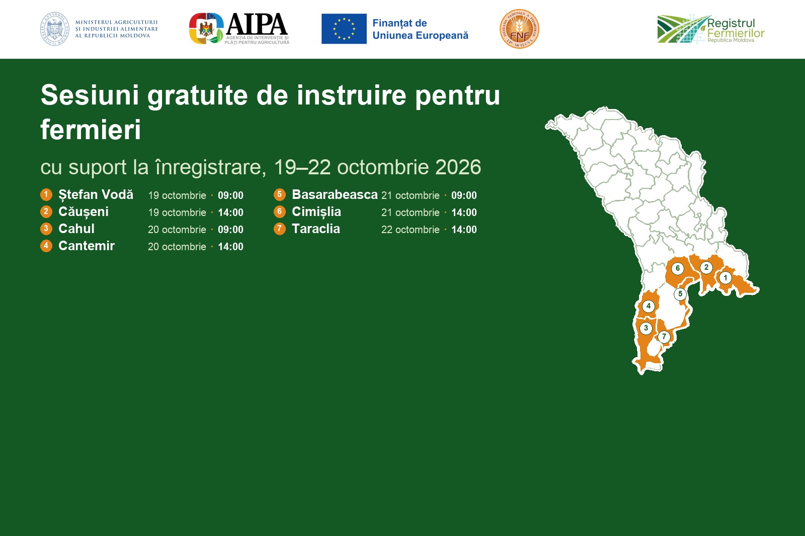 Sesiuni gratuite de instruire pentru fermieri, 19 - 22 octombrie 2026, în șapte raioane