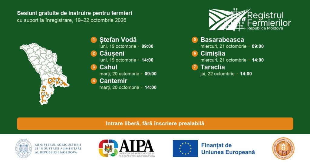 Sesiuni gratuite de instruire pentru fermieri, 19 - 22 octombrie 2026, în șapte raioane